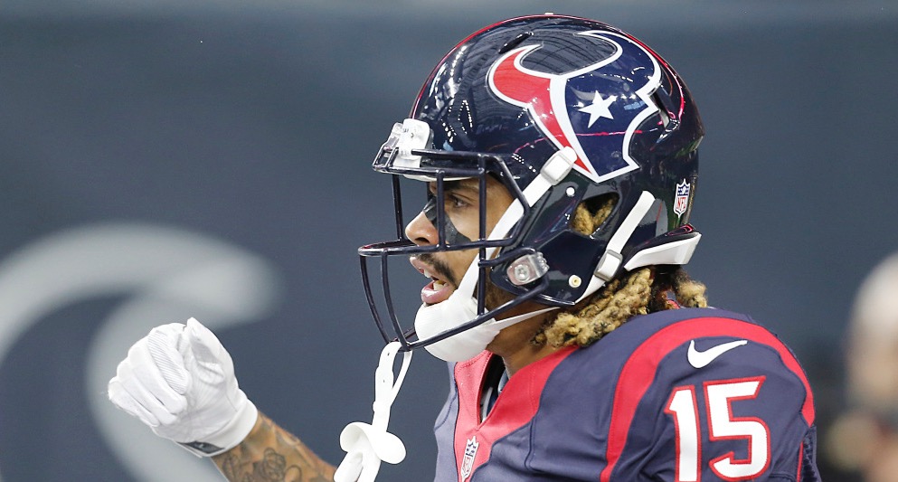 Aug 20, 2016; Houston, TX, USA; Houston Texans wide receiver Will Fuller (15) reacts after catching a touchdown pass against the New Orleans Saints in the first quarter at NRG Stadium. Mandatory Credit: Thomas B. Shea-USA TODAY Sports